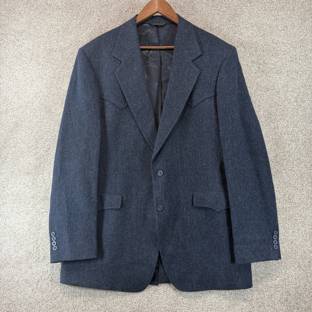 VTG Tweed Western Jacket 42 Ex-L Herringbone 100% Wool Blazer Big & Tall USA